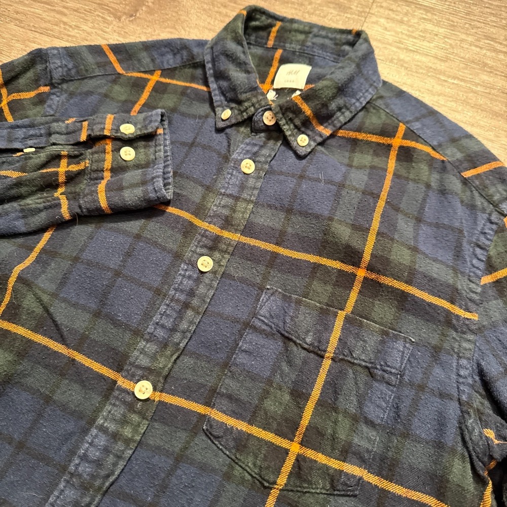 H&M L.O.G.G. Flannel Shirt Mens L Navy Green Orange Plaid Button Down Casual